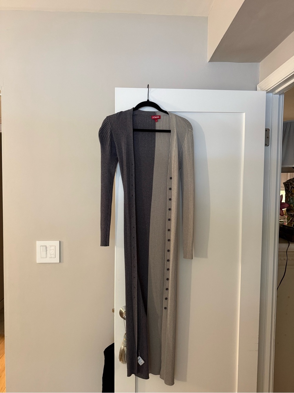 STAUD Two-Tone Long Ribbed Cardigan